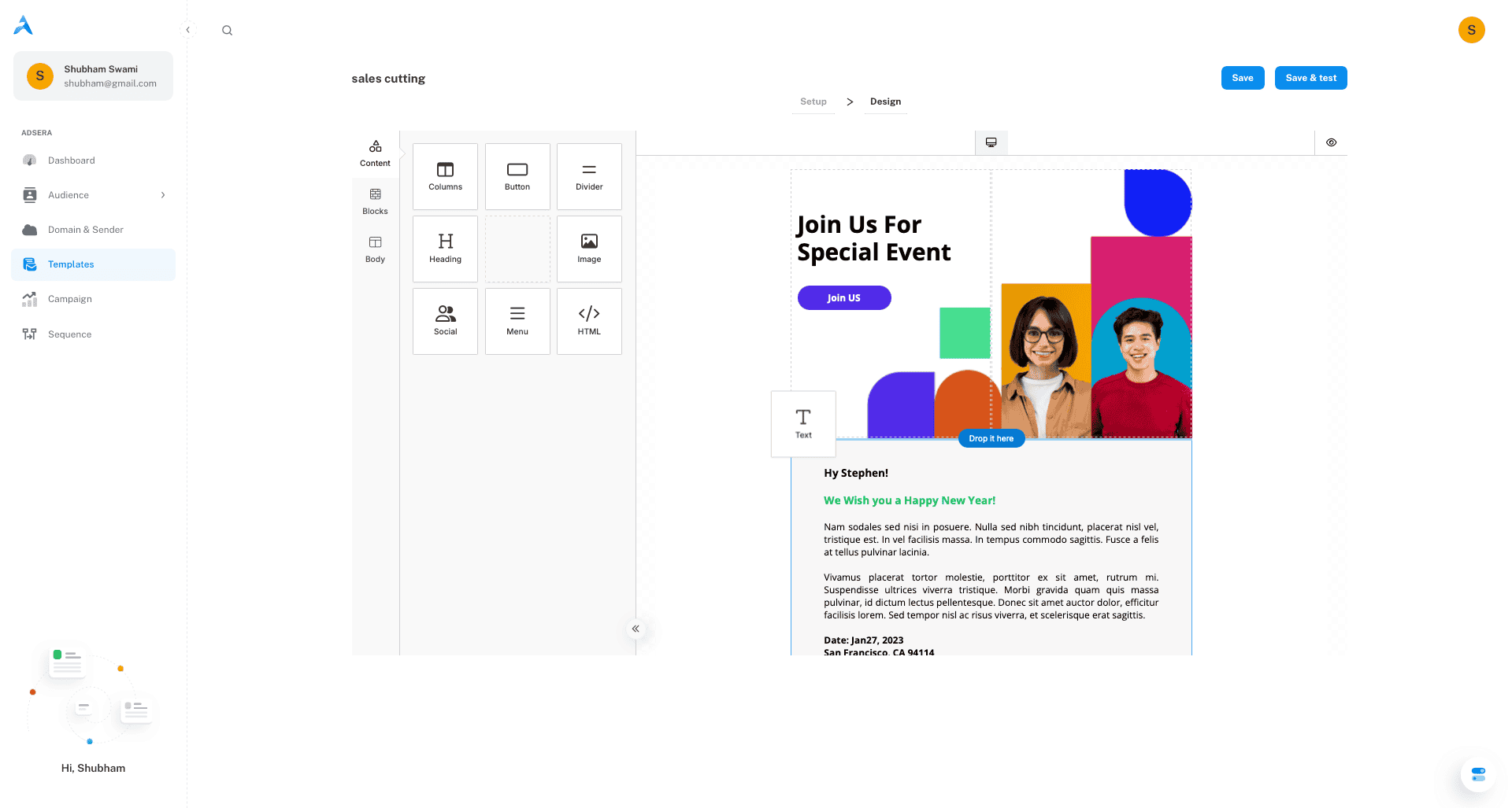 A screenshot of the Adsera email template builder, showing a user dragging a text block into a clean, well-formatted email layout.
