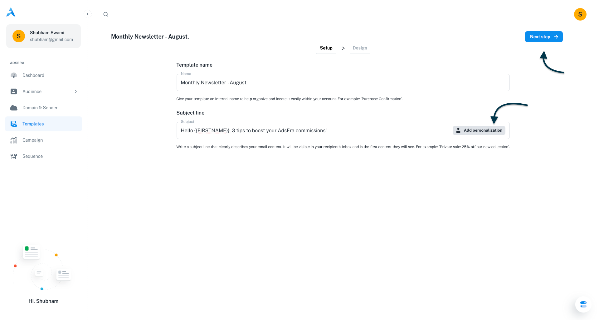 A screenshot of AdsEra's subject line editor showing a personalized subject line with a {{FirstName}} merge tag.