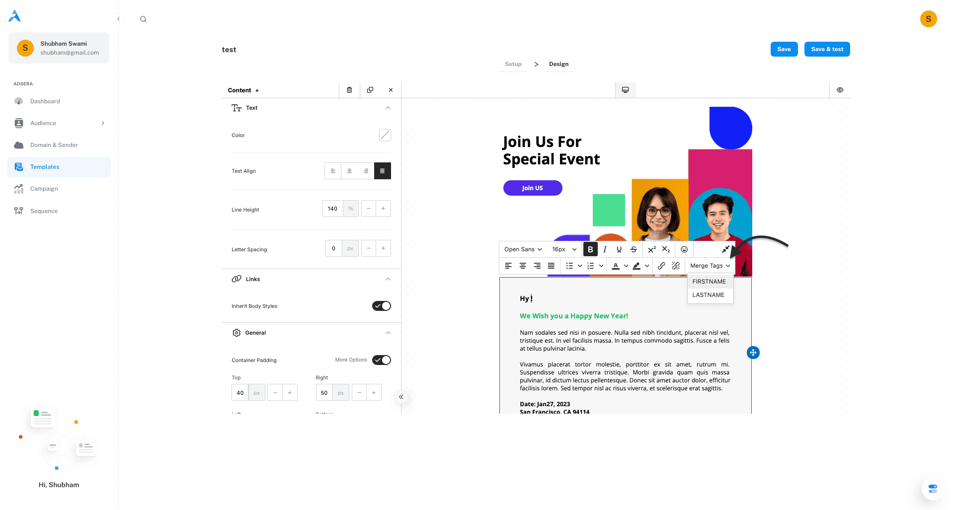 Screenshot of the Adsera email editor. The text says, "Hi {{FirstName}}, we've got a special just for customers in {{City}}!" with the merge tags highlighted.
