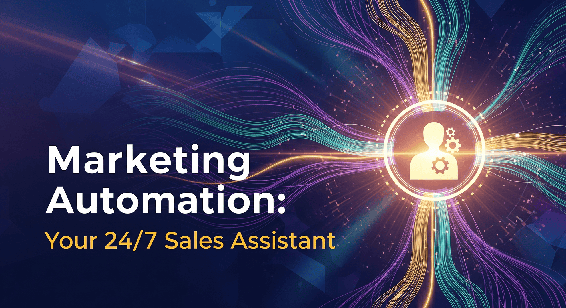 Cover image showing person-gears icon for marketing automation, with lines symbolizing workflows and growth.