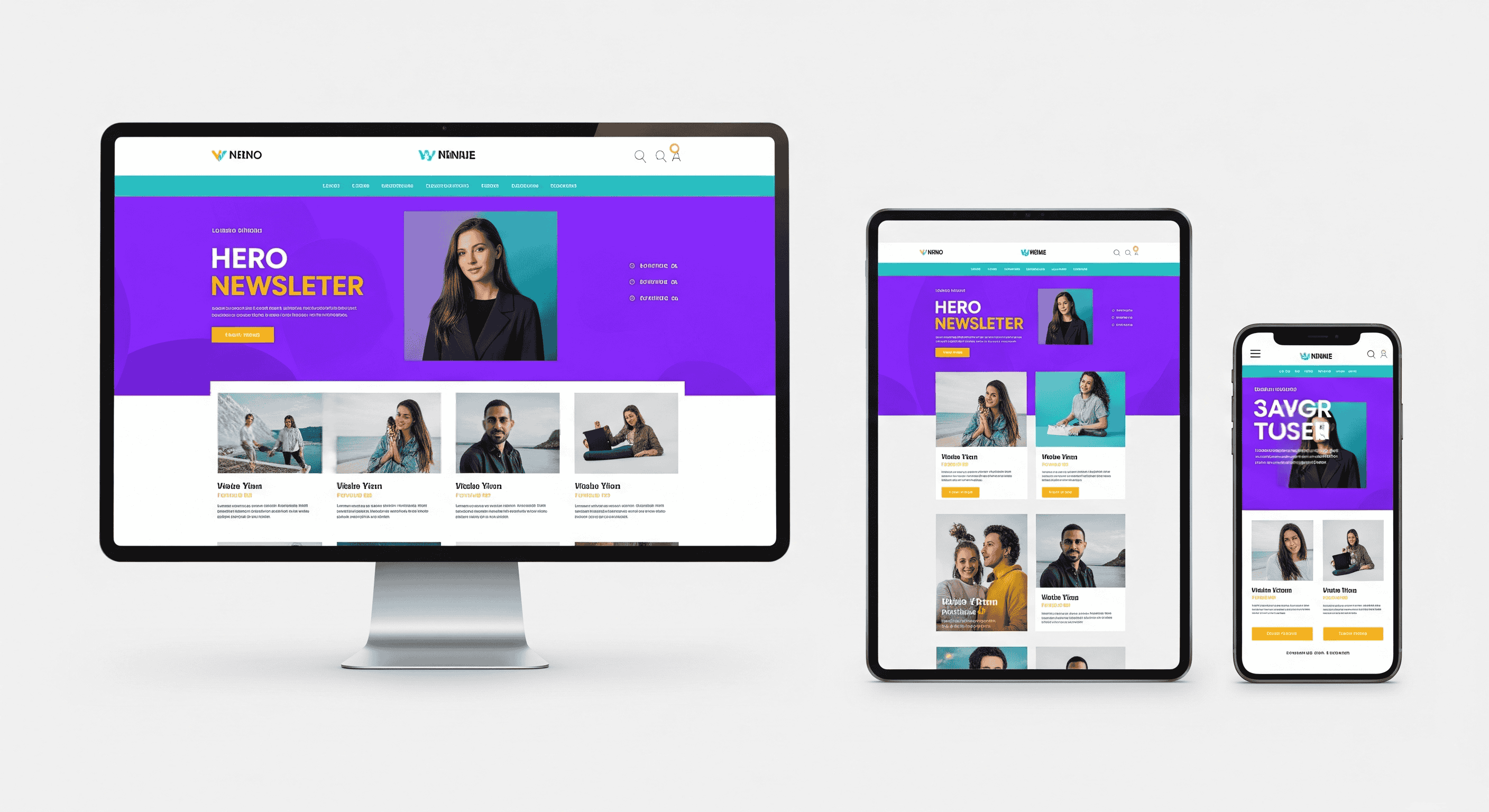 Responsive email design displayed on desktop, tablet, and smartphone screens.