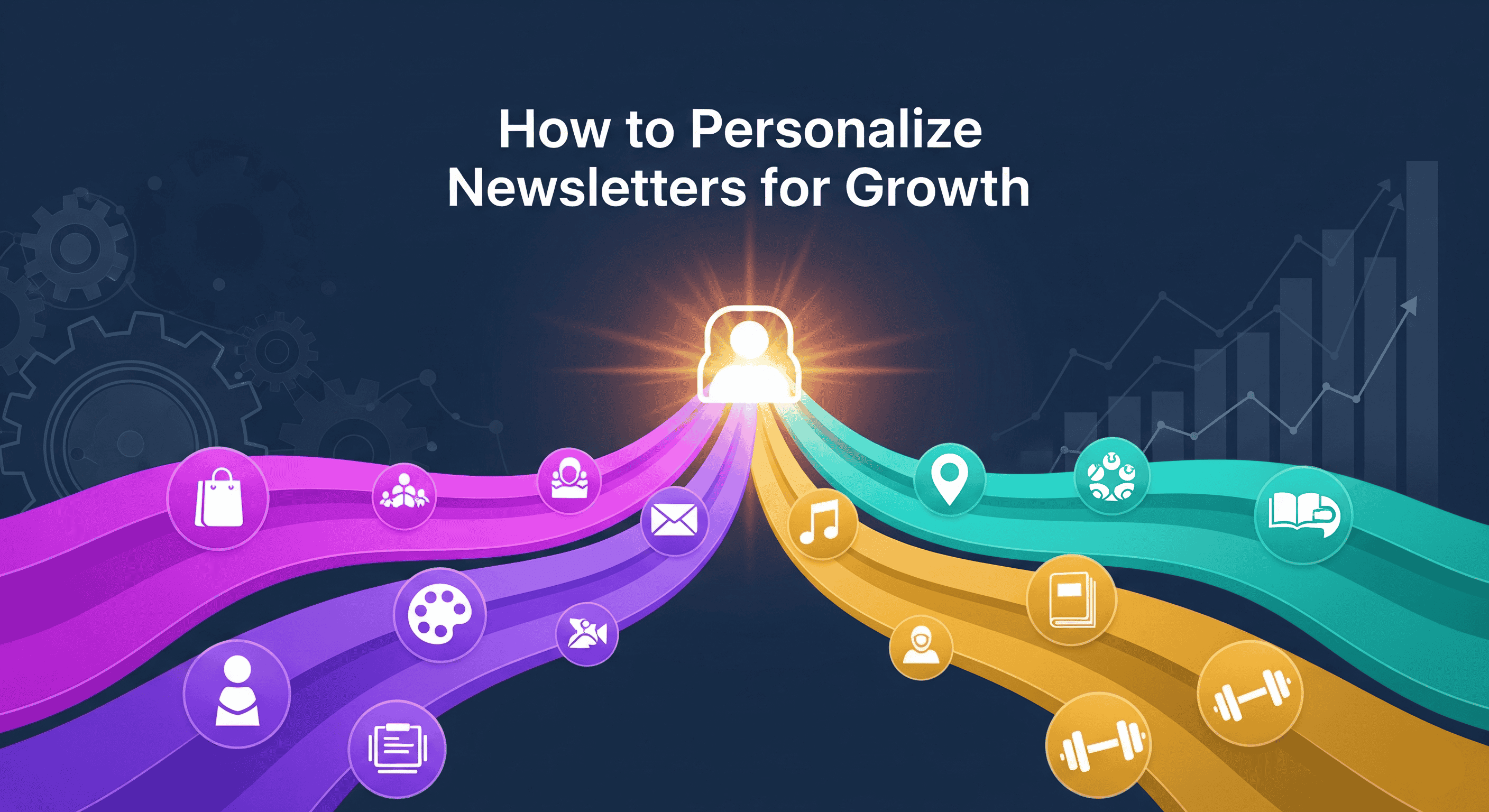 Cover image for a guide on personalizing newsletters, showing a central customer icon with colorful data streams of user interests flowing outwards, representing growth and automation.